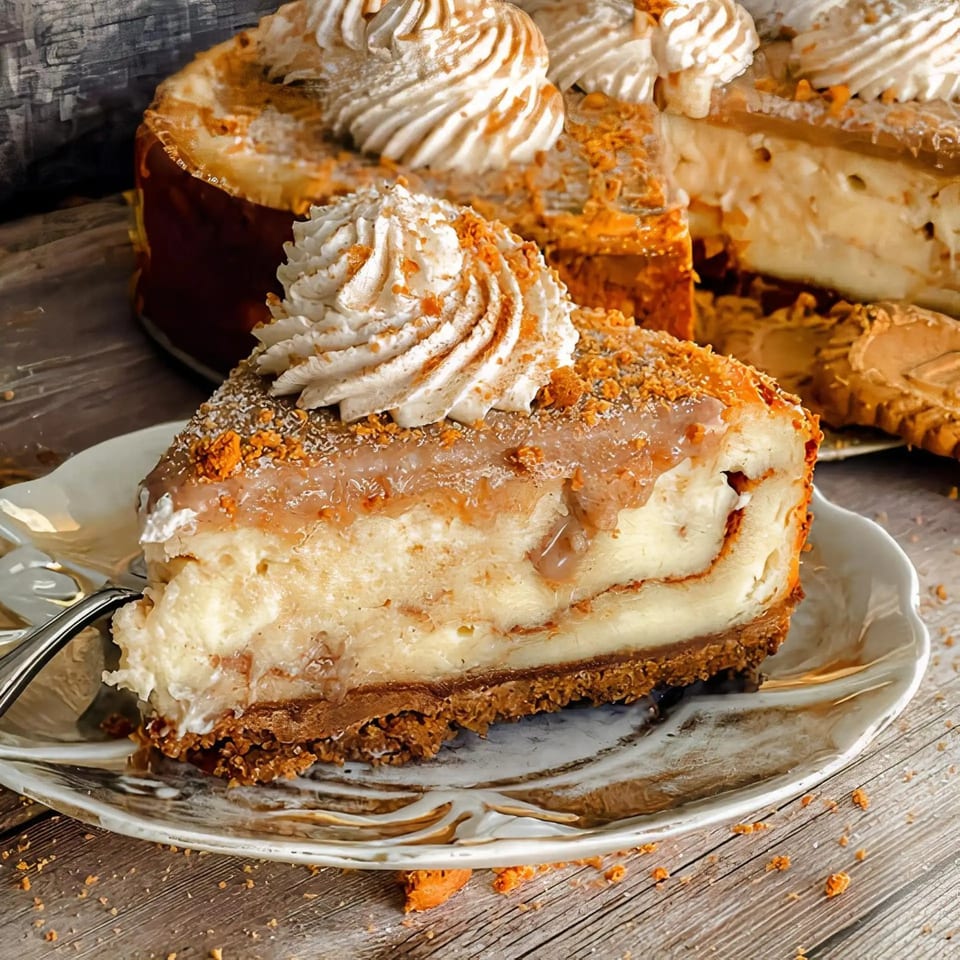 Slice of cheesecake with caramel drizzle, whipped cream, and cookie crumbles on a white plate.
