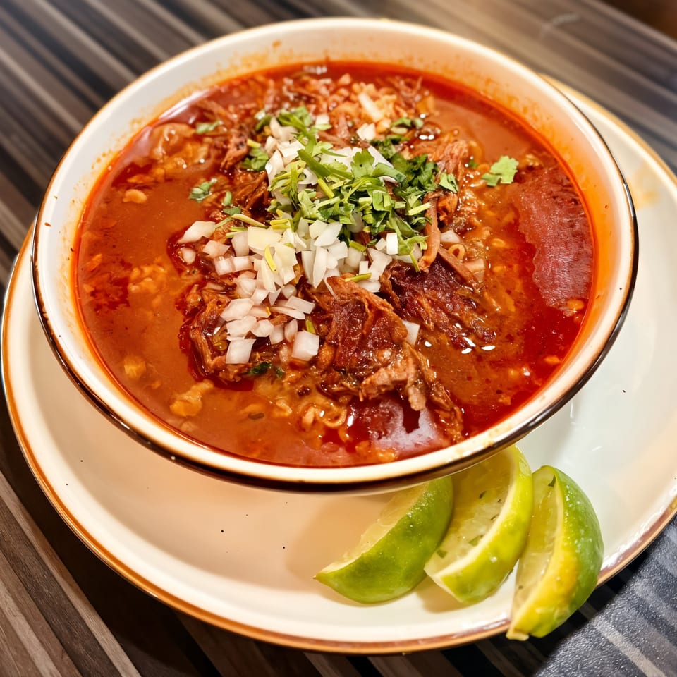 A bowl of El Rey Tacos & Beer birria ramen, topped with cilantro, onions, and lime wedges.