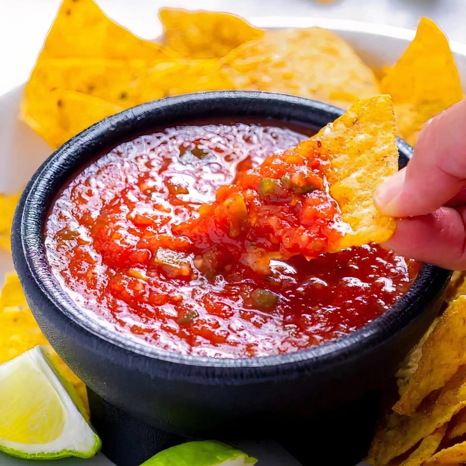 Hand dipping a tortilla chip into a black bowl of El Rey Tacos & Beer salsa, with lime wedges.
