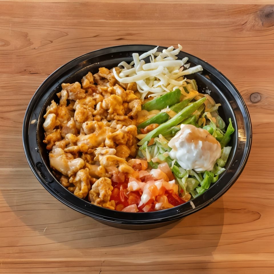 A Mexican chicken bowl with shredded cheese, lettuce, tomatoes, and sour cream on a wooden table.
