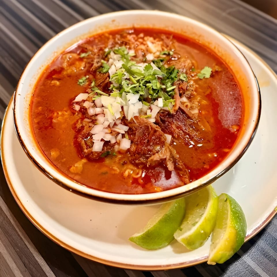 A bowl of El Rey Tacos & Beer's birria ramen, garnished with cilantro, onions, and lime wedges.